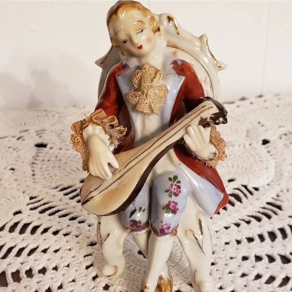 Vintage Victorian Man in Chair Playing Mandolin Porcelain Figurine